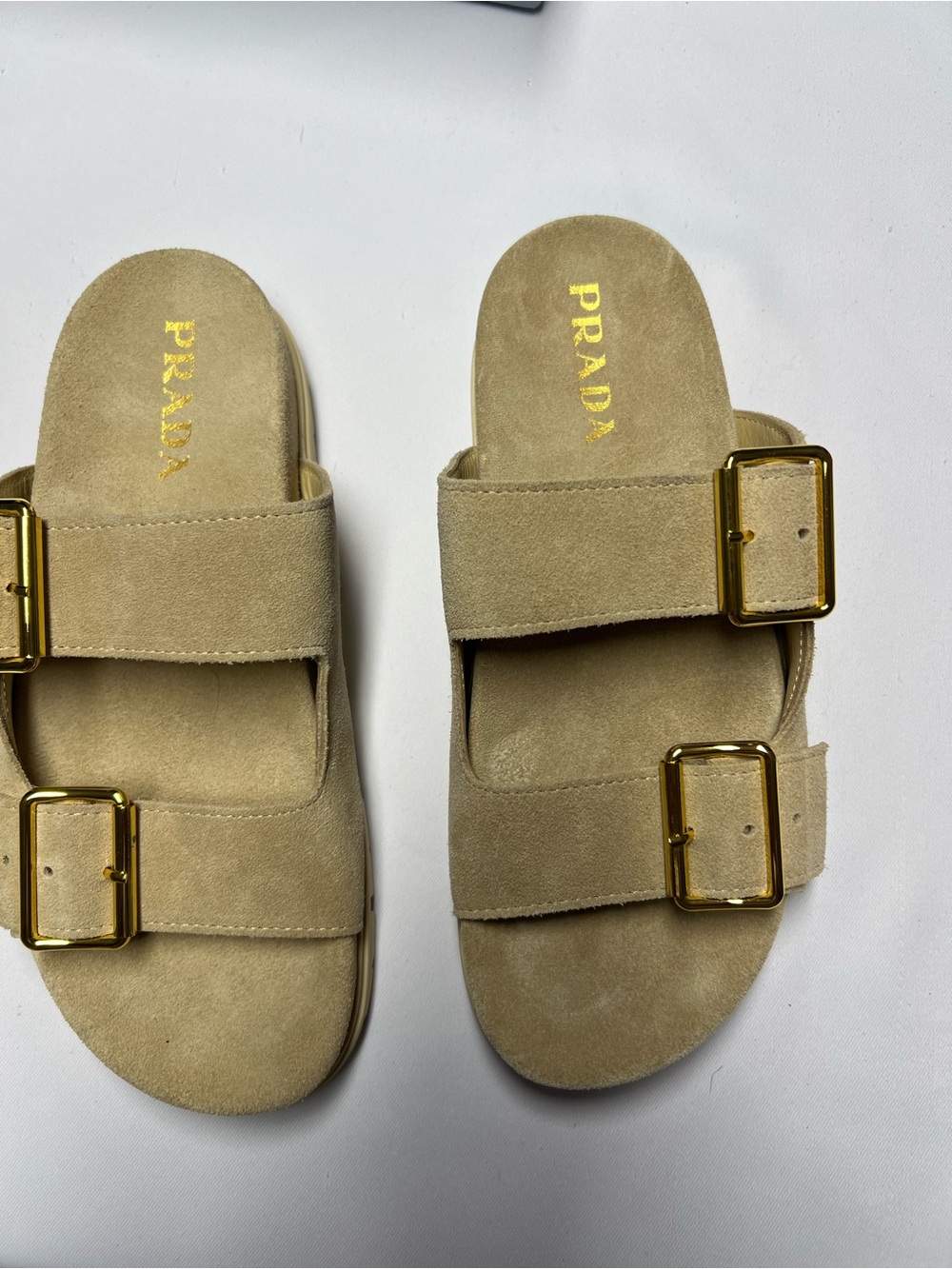 Prada Women's Suede Double Buckle Lug Sole Slide Sandals Ecru Beige Size 37